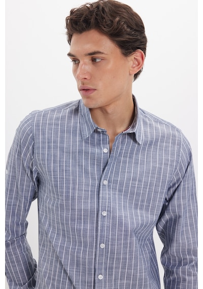 Tudors Erkek Slim Fit Dar Kesim Uzun Kollu %100 Pamuk Keten Doku Çizgili Gömlek-42644 Lacivert