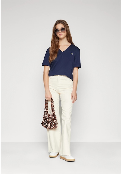 Lacoste Kadın V Yaka T-shirt Classic Logo Nakış Lacivert