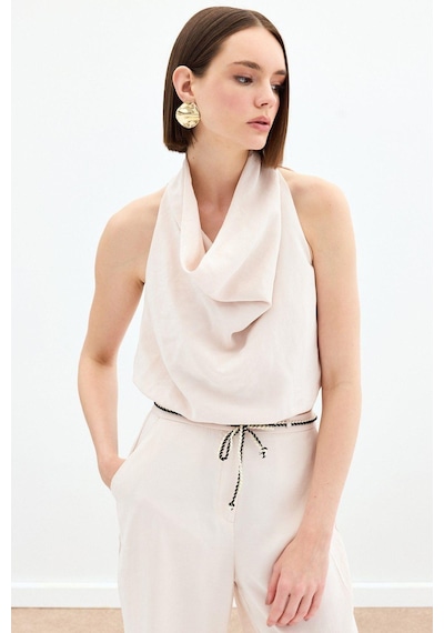Sateen Degaje Yaka Bluz - Bej Bej