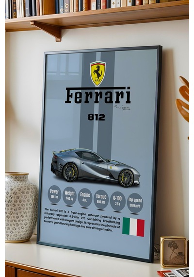 Ferrari 812 Mavi V12 Premium Süper Araba Tablosu - Teknik Özellikli İtalyan Otomobil Duvar Dekoru Siyah Ferrari 812 Mavi V12 Premium Süper Araba Tablosu - Teknik Özellikli İtalyan Otomobil Duvar Dekoru Siyah