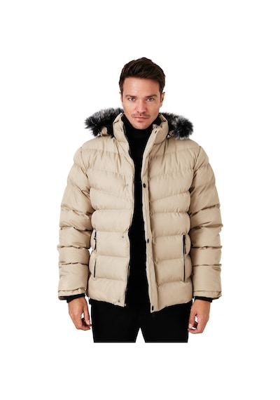 Buratti Slim Fit Suni Kürklü Peluş Astarlı Çıkarılabilir Kapüşonlu Şişme Erkek Mont 5761080 B Taş