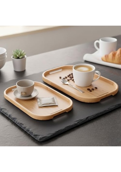 Bambu Servis Tepsisi 2'li Set 33x22 Cm Ve 40x28 Cm Dikdörtgen Bambu Tepsi Çok Renkli