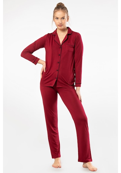 Türen 3365 Kadın Uzun Kollu Gömlek Yaka Pijama Takım-bordo Bordo