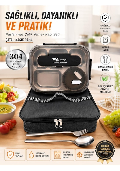 Valkyrie 304 Paslanmaz Çelik Lunch Box 2400 Ml Termal Taşıma Çantalı 5 Bölmeli Sızdırmaz Yemek Kabı Çatal Kaşık Dahil Siyah