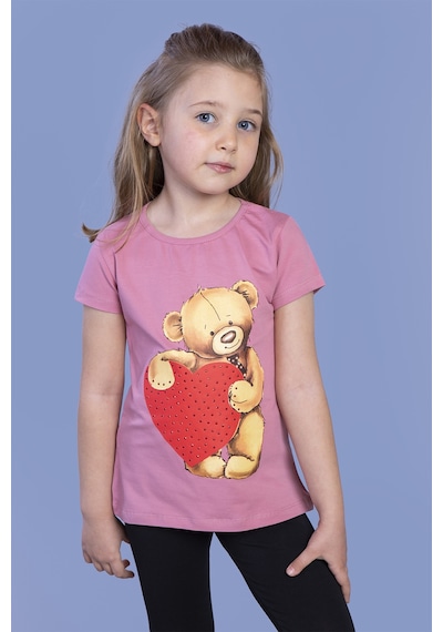 Toontoy Kids Toontoy Kız Çocuk Kalpli Ayıcık Baskılı Taş İşlemeli Tişört Gülkurusu