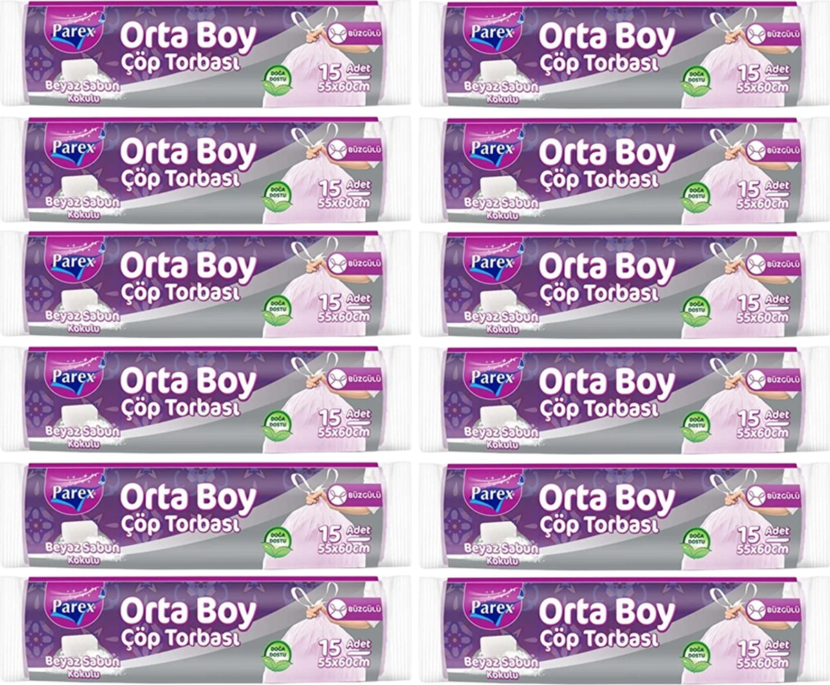 Büzgülü 15'li Çöp Torbası Beyaz Sabun Kokulu Orta Boy 55 X 60 Cm Onikili Paket