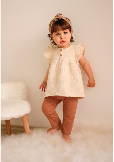 Cigit Oversize Müslin Tunik Taytlı Takım 1-7 Yaş Krem Krem