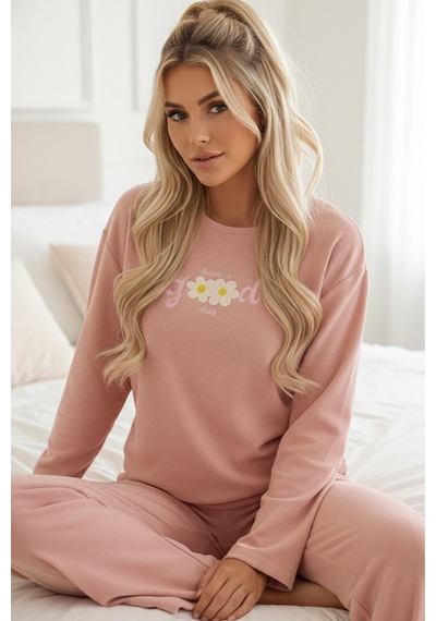 Siyah İnci Havlu Kumaş Örme Pijama Takım25226008 Somon