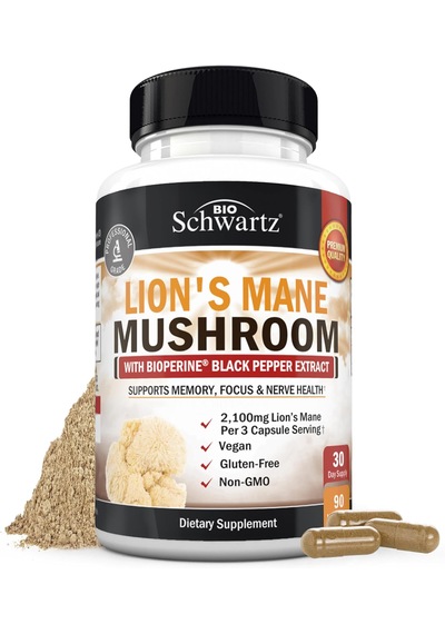 Bioschwartz Organic Lions Mane Mushrooms With Bioperine Nootropic Brain Memory Focus 90 Caps Aromasız