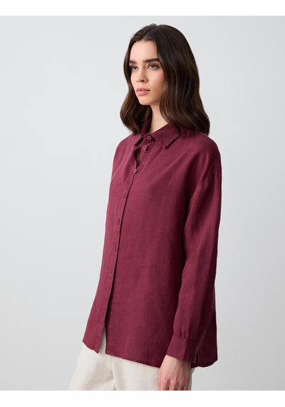 Jimmy Key Bordo %100 Keten Düz Kesim Uzun Kollu Dokuma Gömlek 5sw082558562