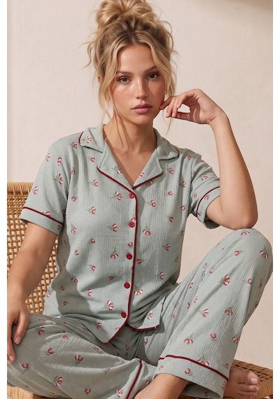 Siyah İnci Bürümcük-krınkıl Kısa Kollu Düğmeli Biyeli Pijama Takım 26120525 Yeşil