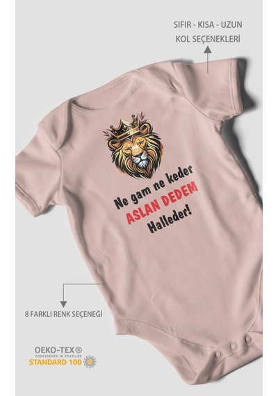 Ne Gam Ne Keder Aslan Dedem Halleder Baskılı Bebek Zıbını Çıtçıtlı Body %100 Pamuk Kısa Kol Pastel Pembe