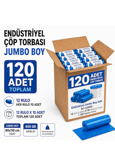 Endüstriyel Çöp Torbası Jumbo Boy 80x110 Cm 400 Gr 12 Rulo 120 Adet Mavi Çöp Poşeti