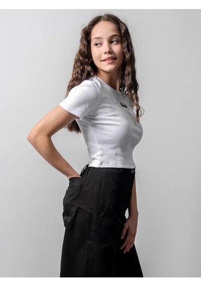 Zekids Kız Çocuk Fitilli Metal Yazılı Yarım Kollu Kaşkorse Crop-15804 Beyaz