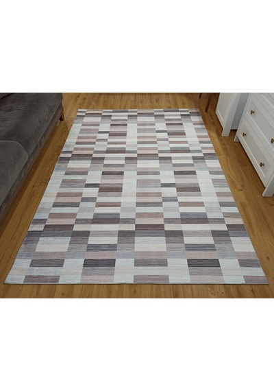 Modern Geometrik Blok Desenli Bej Ve Kahverengi Halı - 12440ou Gri