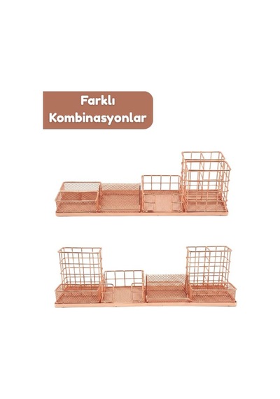 Temel Rose Gold Metal Mesh Modüler Masaüstü Organizer Seti 7 Parça 37x10 Cm 9519
