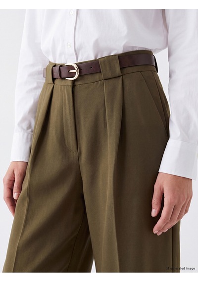 Lcwaıkıkı Classic Haki Beli Kemerli Pileli Kadın Kuımaş Pantolon