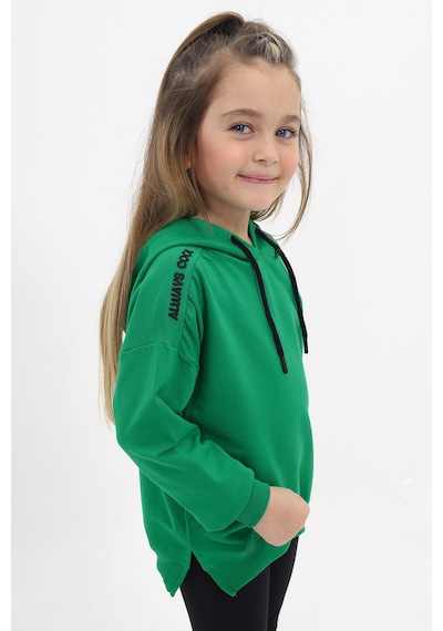 Kız Çocuk Oversize Kapüşonlu Büzgülü Düşük Omuz Nakış Baskılı Yırtmaçlı Sweatshirt - 2 İplik Çimen Yeşili