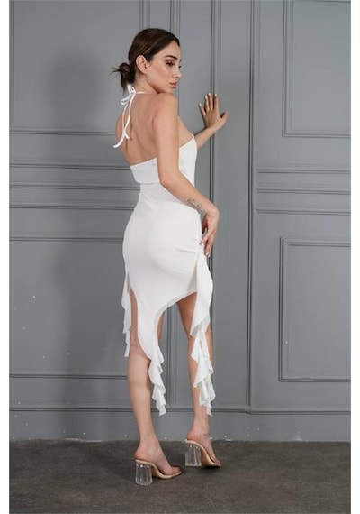 Neşeli Butik Kadın Likralı Asimetrik Saçaklı Elbise Nbdf057 Beyaz