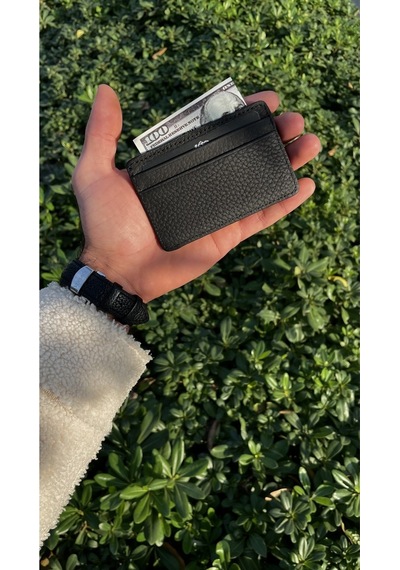 Unisex Mat Black Mini Design Hakiki Deri Kartlık Cüzdan Erkek - Kadın Siyah