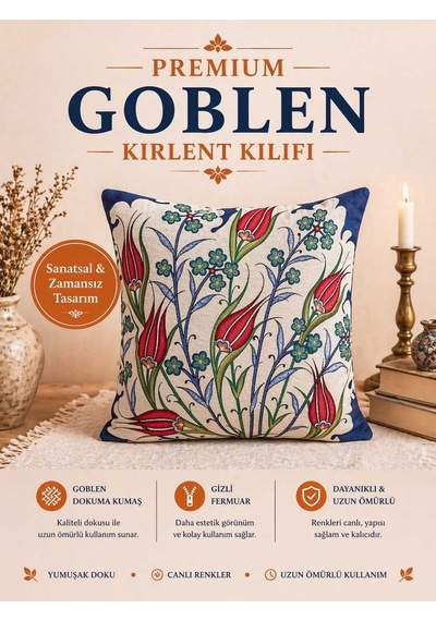 Goblen Kırmızı Lale Dokuma Kırlent Kılıf Çok Renkli