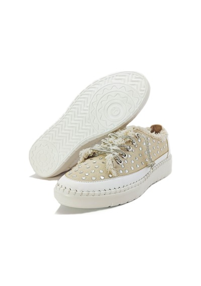 Krem Renk Taşlı Düz Taban Kadın Kot Sneakers Krem