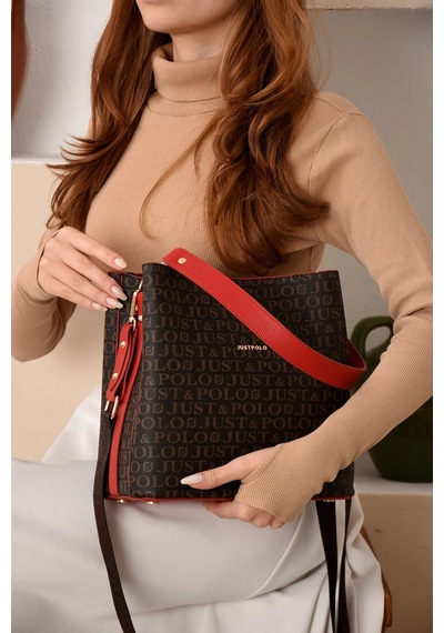 Just Polo Kadın Monogram Baskılı El Ve Omuz Çantası Ebat 25 X 25 Kahve Kırmızı