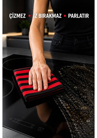 Luxury Serisi 2 Li Kırmızı Siyah İri Çizgili Mikrofiber Temizlik Bezi 40x40 Cm Süper Emici İz Bırakmaz Kırmızı - Siyah