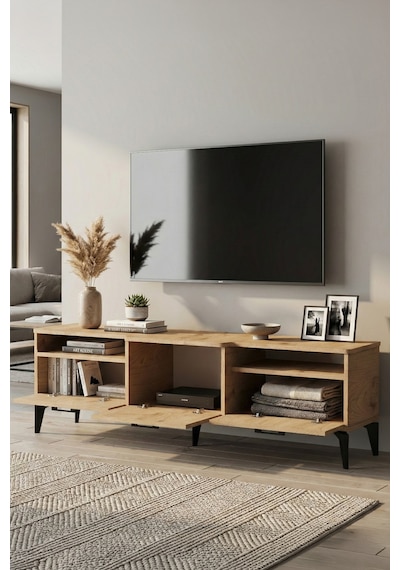 Tv Sehpası 160 Cm Kapaklı Raflı Televizyon Ünitesi Salon Oturma Odası Tv Sehpa Mistral Bej