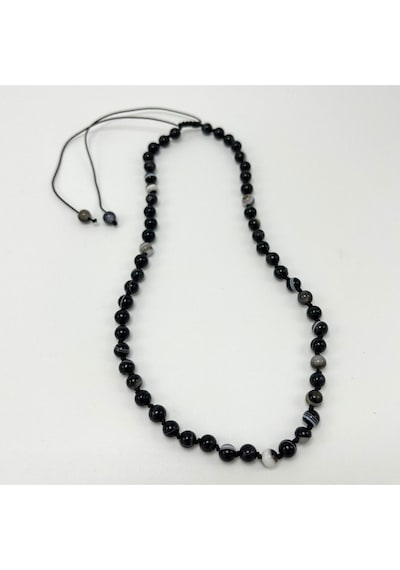 Yıldız Doğal Taş Göz Akik Doğal Taş 6 MM Makrome Kolye 45 CM - 55 CM Ayarlanabilir Siyah