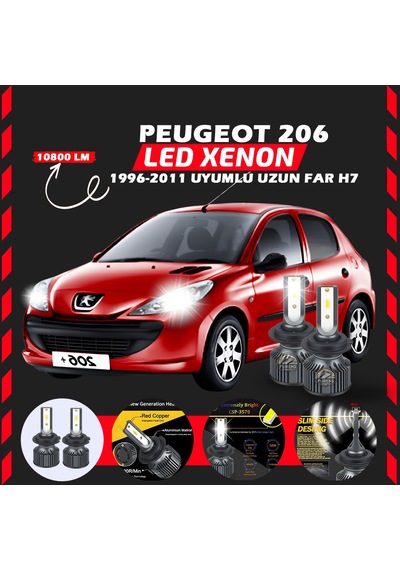 Peugeot 206 1996-2011 Uzun Far Uyumlu Şimşek Etkili Led Xenon Premium Series H7