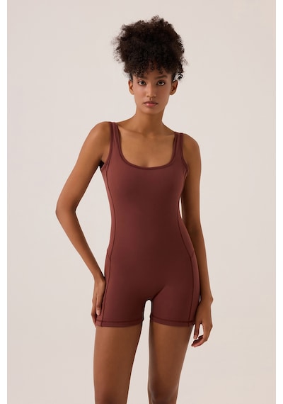 Los Ojos X Ece Bordo Kare Yaka Askılı Kısa Spor Tulum Unitard Bordo Bordo