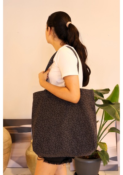 İcone Bag Desenli Yıkamalı Denim Kadın Çantası, Geniş Hacimli, Desenli El Ve Omuz Bez Çanta Shopper Antrasit Leopar