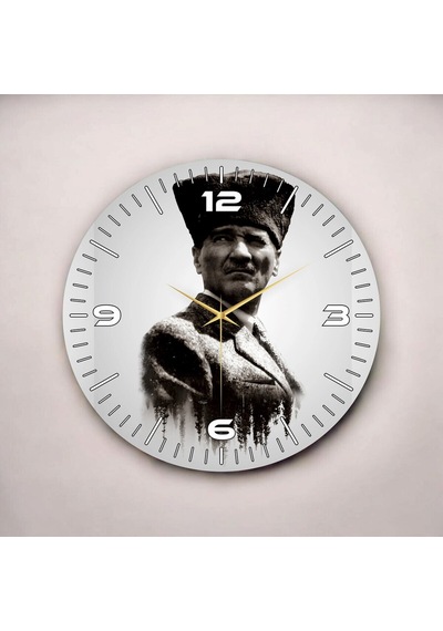 AA Shop Siyah Beyaz Renkli Baskı Atatürk Portre Desenli Sayılı Hediyelik Ahşap Sessiz Duvar Saati 50cm ÇOk Renkli