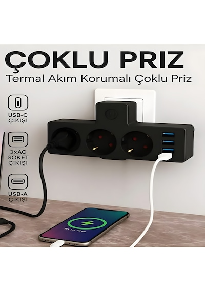 Akım Korumalı 3'lü Priz Çoklayıcı 3 Usb-a 1 Usb-c Çoklu Şarjlı Uzatma Prizi Güvenlik Korumalı Diğer