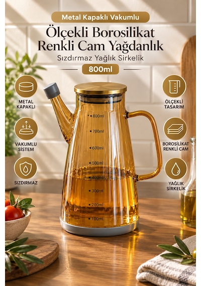 Porsima Yh009-d01 Metal Kapaklı Vakumlu Ölçekli Borosilikat Renkli Cam Yağdanlık - Sızdırmaz Yağlık Sirkelik 800ml Diğer