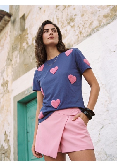Onloox Kadın Lacivert Lacivert Pamuklu Bisiklet Yaka Kısa Kollu Basic Form Süzene Kalp Nakış Detaylı T-shirt