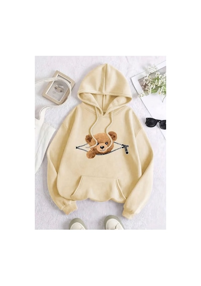 Medinenur Fermuar Desenli Kedili Kapüşonlu Oversize Sweatshirt Bej