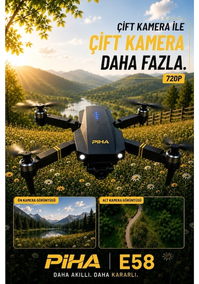Piha E58 DRONE Yeni Fırçasız Motor 2 Batarya İle 30 DK Uçuş Süresi Hd 720p Çift Kameralı Taşıma Çantalı