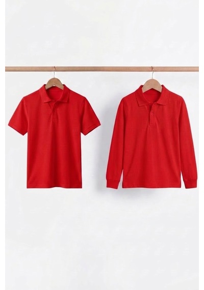 Nacar Store Unisex Çocuk Uzun Ve Kısa Kollu Polo Yaka Okul Tişörtü 2'li Set Kırmızı