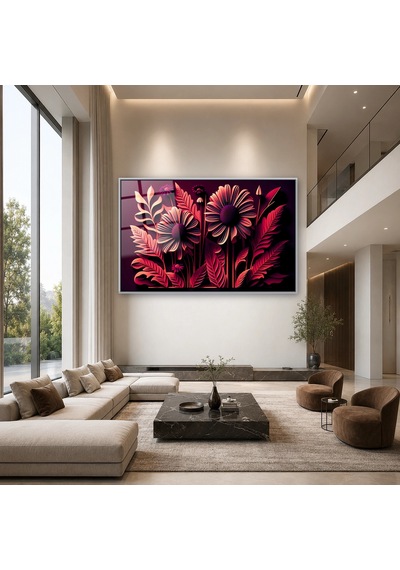Pembe Kağıt Kesim Çiçekler Gümüş Çerçeveli Cam Tablo