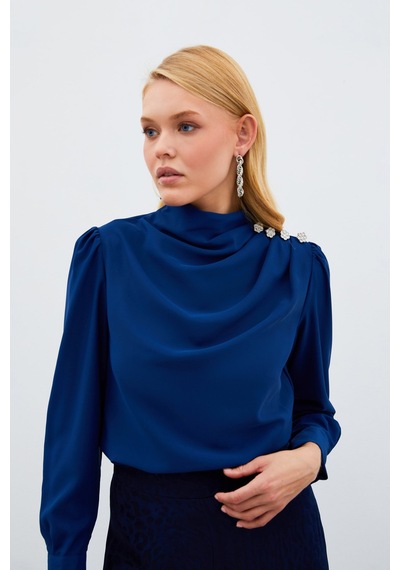 Sateen Düğmeleri Taş Detaylı Bluz - Lacivert-134895 Lacivert