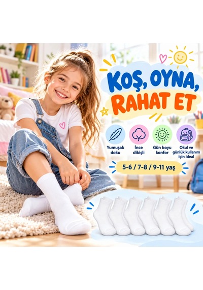 Woman And Kids Wak Çocuk Beyaz Çorap 6'lı Set İnce Dikişli Yumuşak Nefes Alabilen Okul Günlük Rahat Çorap 5-11 Yaş Seti