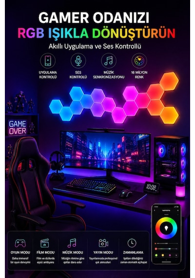 Hexagonel Oda Işığı Birleştirilebilir Rgb-ıc Telefon Ve Kumanda Kontrollü 8 Li