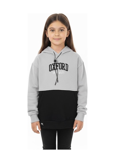 Kapşonlu Oxford Baskılı Kanguru Cepli Kız Çocuk Sweatshirt-90862 Gri