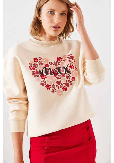 Shade Kadın Üç İplik Şardonlu Yuvarlak Yaka Pati Baskılı Sweatshirt Mbhs005 60601005 - Bej