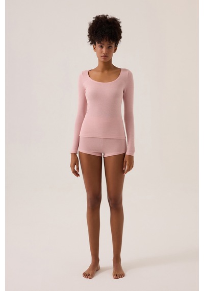 Los Ojos X Ece Pembe Modal Kumaşlı Uzun Kollu Şortlu Pijama Takımı Ribbed Pj Pembe Pembe