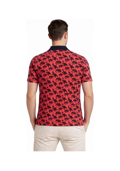Barlashive Erkek Pike Kumaş Polo Yaka Palmiye Desenli Tişört Kısa Kol Yazlık T-shirt - Kırmızı Çok Renkli