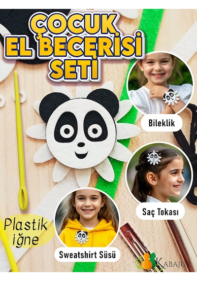 Çiçek Çerçeveli Panda Keçe Dikiş Hobi Seti Çocuklar İçin Dıy El İşi Aktivite Kiti Bileklik Toka