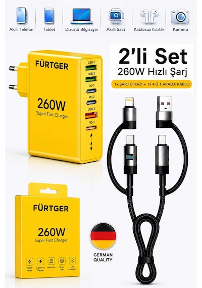 Fürtger German Frt-25w S 260w 3 Type-c + 3 Usb-a Toplam 6 Çıkışlı Süper Hızlı Şarj Aleti + 4 Başlıklı Şarj Kablosu
